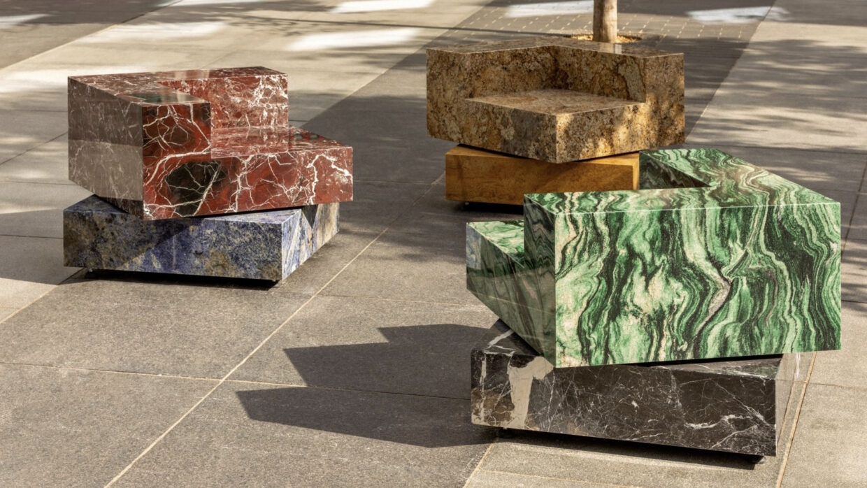 Swivel by Sabine Marcelis is a rotating stone chair installation at London Design Festival | 1